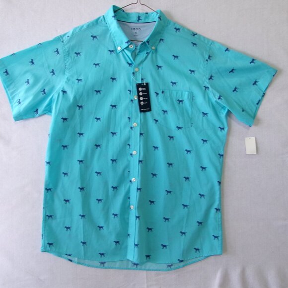 Izod Short Sleeve‎ Button Up Men's XL Shirt Blue with Dog Print NWT - Picture 1 of 4